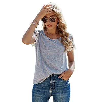 China Solid Color Breathable Slim Fit Pullover Loose Round Neck Lace Round Short Sleeve T-Shirt For Women for sale