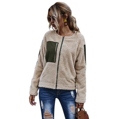 China QUICK DRY Long Sleeve Round Neck Contrast Color Pocket Zipper Teddy Velvet Coat For Women for sale