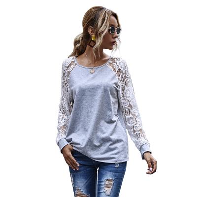 China Hollow Out Round Neck Sleeve Lace Sweater Women Autumn And Winter Breathable Leisure Top for sale