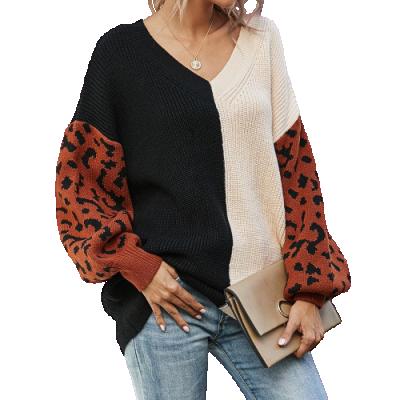 China Breathable Women's V-neck Sweater Patchwork Leopard Print Pullover Sweater Women's Sweater for sale