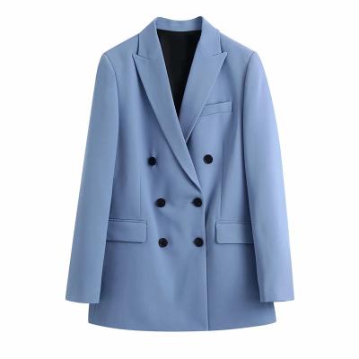 China Anti-wrinkle suit ladies 2021 plus size polyester blue casual blazer long sleeve women's double breasted suit for sale