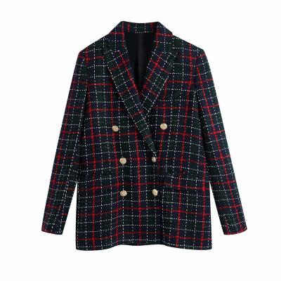 China Wholesale Anti-Wrinkle Plus Size Women's Suit Plaid Long Sleeve Ladies Blazer Polyester Double Breasted Jackets for sale