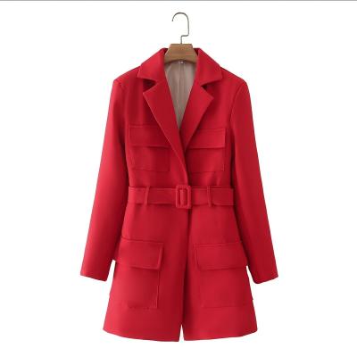 China Anti-wrinkle 2021 plus size womens suits ladies red blazers coat with belt polyester blend for sale