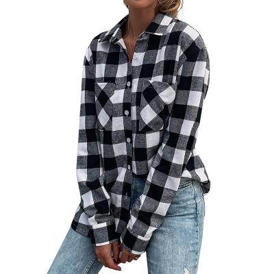 China Autumn New Arrival Women's Long Sleeve Black White Plaid Plaid Turn-Down Breathable Causal Blouse for sale