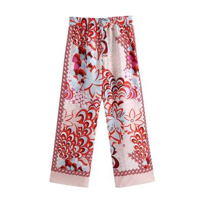 China QUICK DRY women's fashion patchwork printed retro high waist street elastic wide leg pants for sale