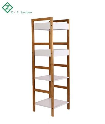 China 4 Tier Sustainable Natural Bathroom MDF Bamboo Floor Shelf Storage Display Rack for sale