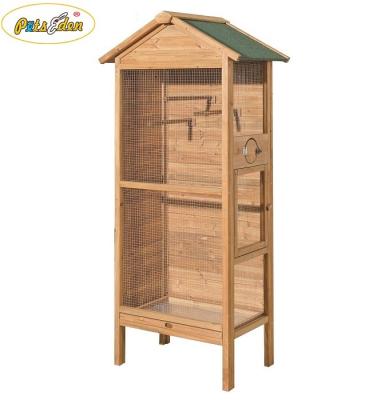 China Cheap Sustainable Wooden Bird Houses With Run Birdcage Bird Feeder With Metal Tray for sale