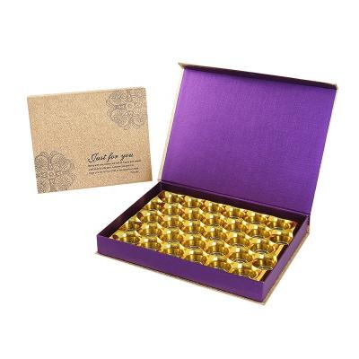 China Luxury Recycled Chocolate Bar 30 Gold Foil Materials Purple Color Custom Logo Eco-Friendly Empty Favor Packaging Box With Gold Paper Divider for sale