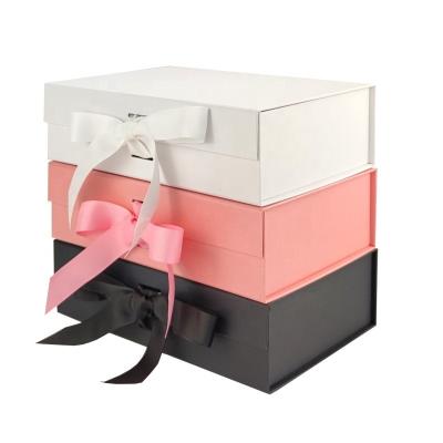 China Recycled Materials Custom Luxury Black Pink White Big Folding Sets Collapsible Gift Box With Ribbon Magnet Folding Cardboard Box For Clothing Shoes for sale