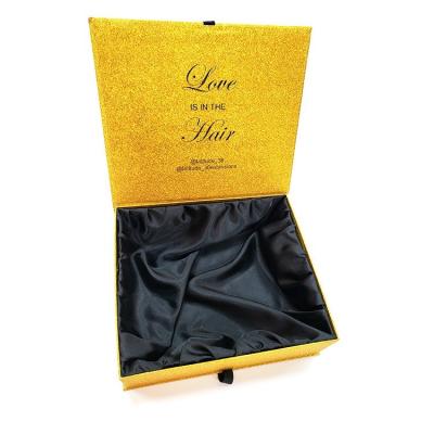 China Recycled Materials Custom Cardboard Luxury Yellow Virgin Hair Packaging Boxes Magnetic Gift Black Bundle Wig Packaging For Hair Extension Box for sale