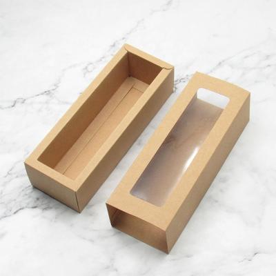 China Wholesale Recycled Materials Factory Kraft Paper Dessert Box Brown Bread Packaging Macaron Bread Drawer Box With Clear Window for sale