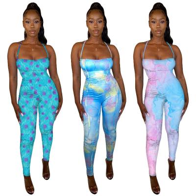 China Cute Printed Anti-wrinkle Overalls Women Bodycon Romper Tie-Dye Sleeveless Overalls for sale