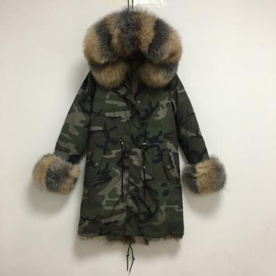 China New Anti Shrink Silver Fox Fur Parka Coat Women Knitted Silver Fox Fur Striped Parkas Camouflage Winter Thick Warm Female Outerwear for sale