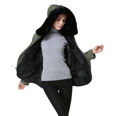 China Real Short Mink Fur Lined Coat Women Winter Hooded Black Parka Sustainable Wear Real Army Green Outside Jacket Luxury Clothing for sale