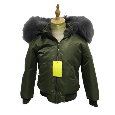 China Durable Gray Faux Fur Lining Coat Raccoon Fur Collar Army Green Jacket Trimming Viable Winter Styled Waterproof Bomber Jacket For Kids for sale