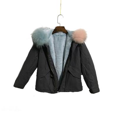 China Dark Blue Faux Gray Waterproof Coat With Light Kids Casual Anti-Wrinkle Striping Colorful Raccoon Fur Collar Kids Winter Bomber Jacket for sale