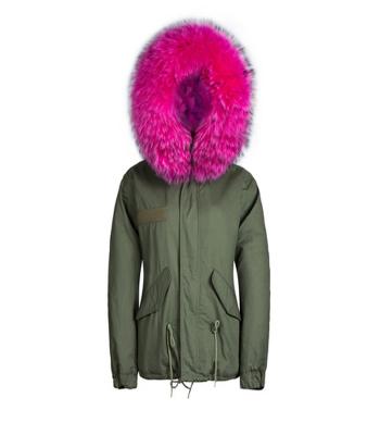 China London Style Anti Shrink Faux Fur Khaki Green Striped Parka With Raccoon Fur Hood Collar for sale