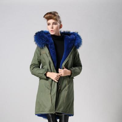 China Wholesale Cheap Breathable Real Raccoon Fur Collar Breathable Faux Fur Coat Striped Coats Blue Faux Fur Trim Coat Factory for sale