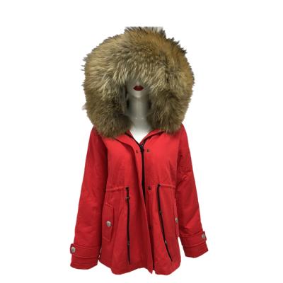 China Lady Parka Red Shell Rabbit Fur Lined Jacket Waterproof Raccoon Fur Collar Winter Real Style Shorts Mujer Party Coat for sale