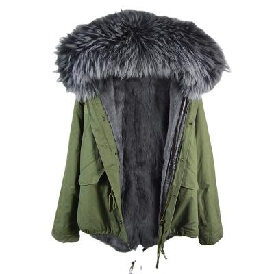 China Army Green Gray Rabbit Fur Lined Coat Short Fur Parka For Lady With Raccoon Fur Trim Hooded for sale