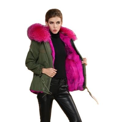 China Popular Interesting Waterproof Winter Fur Parka Rabbit Fur Lining Jacket For Girl Lady Army Green Cotton Outside Fur Coat for sale