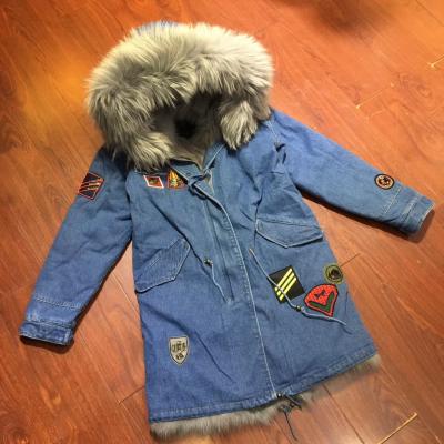 China Bule Viable Long Winter Street Style Trend Embroidery Pattern Badge Fox Fur Hooded Real Fox Fur Coat Viable Denim Long Coat for sale