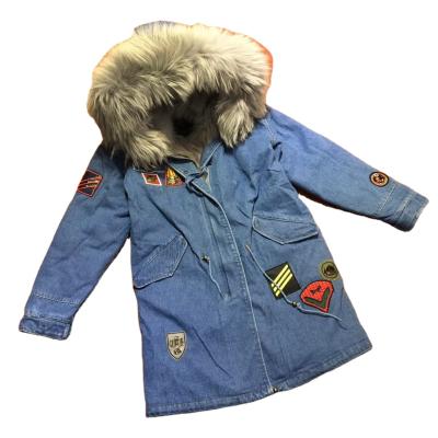 China Men's Waterproof Denim Style Winter Style Shell Gray Real Fox Fur Lining Decorated Blue Coat With Embroidery Badges Women Jacket for sale