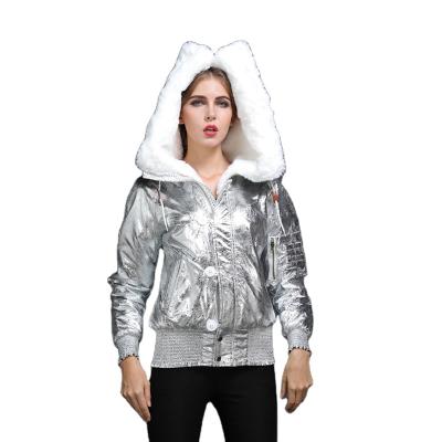 China Unique Shell Parka White Faux Fur Bomber Jacket Women's Fashionable Shiny Waterproof Shiny Unique Short Barrier Women Fashion Coat 2021 for sale