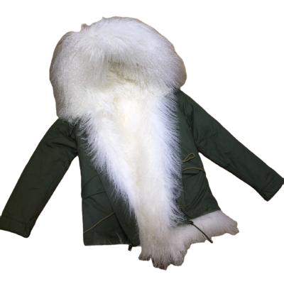 China Mongolia Waterproof Military Sheep Design Coat Winter White Fur Barring Short Jacket Army Green Parka For Men And Women for sale