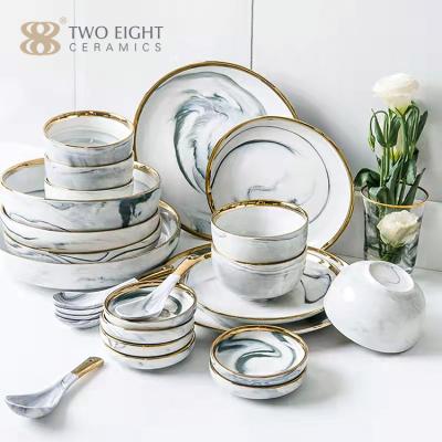 China Sustainable Hot Nordic Style Ceramic Dinnerware Set Design Porcelain Marble Dinner Sets Bone China Dinner Set Wholesale Dinnerware for sale