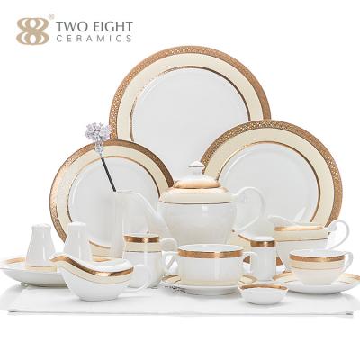 China 57 PCS Gold Rim Bone China Porcelain Dinner Viable Dish Set Wholesale Luxury Ceramic Dinnerware Sets Dinnerware Set for sale