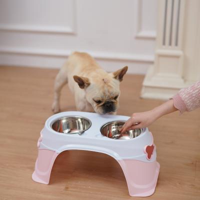 China Automatic Suitable For Dogs And Cats Stainless Steel Non-Slip Plastic Dog Bowl Removable Pet Feeding Double Bowl for sale