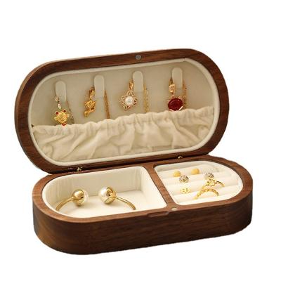 China Luxury Solid Wood Portable Earrings Ring Wooden Jewelry Box Mini Storage Box For Necklace Eco-friendly Retro Light for sale