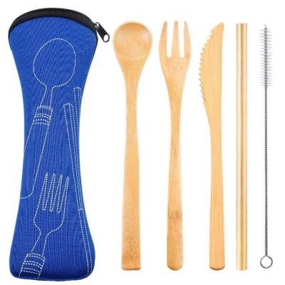 China Custom Christmas Gift 5 Pcs Spoon Fork Knife Pack Bamboo Disposable Bamboo Wooden Cutlery Set for sale