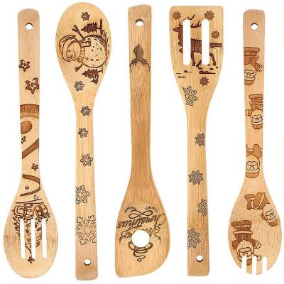 China 2021 Sustainable New Arrival Custom Magic Pattern Burnt Bamboo Spatula Set 5pc Kitchen Utensils For House Dinner Tools for sale