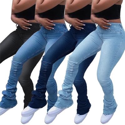 China 2021 autumn viable women's fabrics new fashion solid color mid stack waist slim jeans women's pants for sale