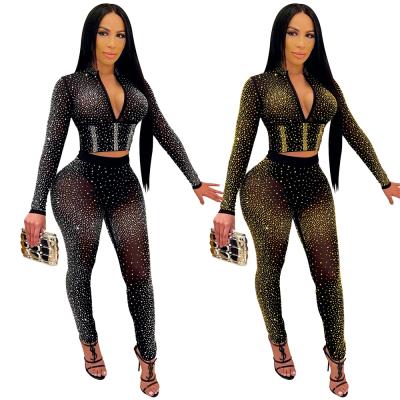 China 2021 kc drops new casual nightclub wear Ropa de mujer fashion woman shiny rhinestone pants two-piece set for sale