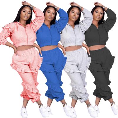 China Kc Breathable 2021 Fall Trend Women Crop Hoodie Top Ruffle Long Sleeve Tracksuit Pant Two Piece Set for sale