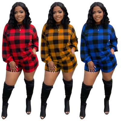 China New Arrival Fashionable Casual Plaid Printing Long Sleeve Kuchi Tops And Shorts Suit 2 Piece Set For Women for sale