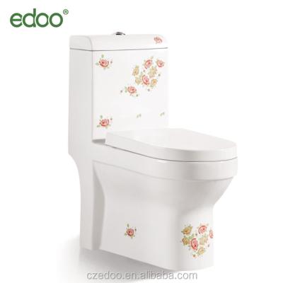 China Double-flow Chaoan EDOO sanitaryware factory manufacturer Siphon one piece toilet with flower decal for sale