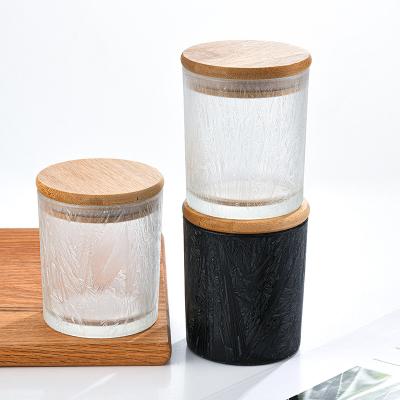 China Hot Sale Sustainable/Eco-friendly/Stocked Marked Empty Frosted Black Clear Glass Candle Jars Bulk Candle Holder Cup With Bamboo Lid For Scented Candle for sale