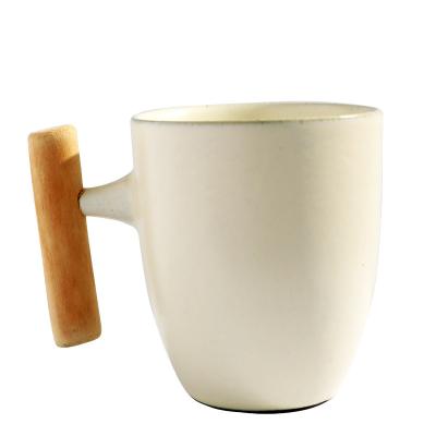 China Japanese Style Viable High Quality Simple Straight Cup Gifts Ceramic Coffee Mug With Wooden Handle for sale