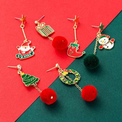 China Europe and America Christmas hair ball alloy oil dripping snowman Christmas boots earrings new European and American asymmetrical earrings for sale