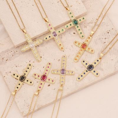 China Trendy Fashion Zircon Jewelry Choker Women Rose Red Green Eight Colors Brass Cross Necklace for sale