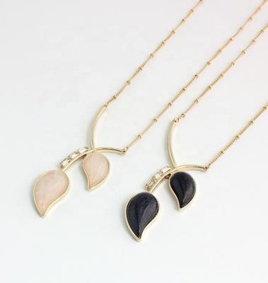 China Classic Customized Natural Stone Inlaid Gem Pendant Leaf Necklace High Polish V-Shaped Pendant Necklace for sale