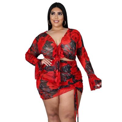 China Breathable 2021 Seductive Gauze Colorful Printed Long Sleeve Two Piece Sets Skirt Sets For Women for sale