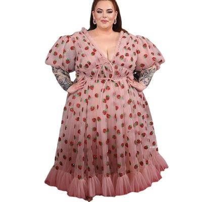 China 2021 Summer New Viable Pink Mesh Maxi Dress Sweet Short Puff Strawberry Sheath V-neck Sexy Lolita Dress For Women Lace Up for sale