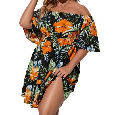 China Sustainable New Arrive Clothing Plus Size Floral Layered Ruffle Off Shoulder Dress For Women for sale