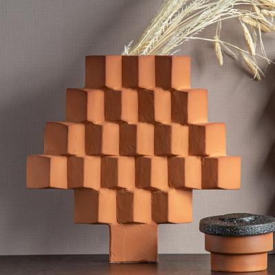 China Modern Geometric Ceramic Natual Rough Outer Half Of Handmade Square Pendant Flower Vase for sale