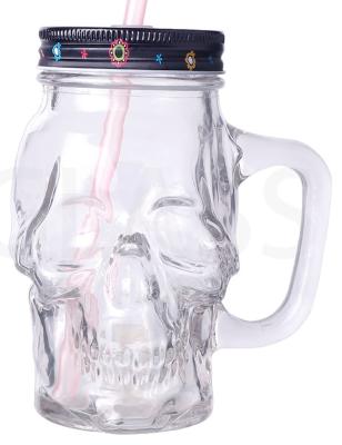 China Custom 16oz Glass Skulls Stocked Shaped Mason Jar Clear Glass Drinking Jar With Lid Handle And Straw for sale